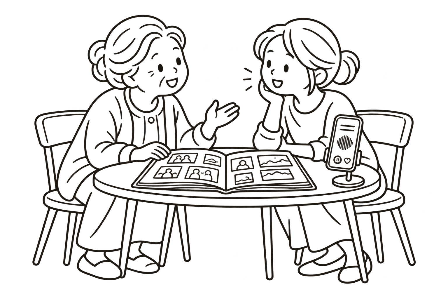 白描卡通:长辈与晚辈围着旧相册交谈,桌上的手机固定在支架上,显示 Lapis 录制界面。
