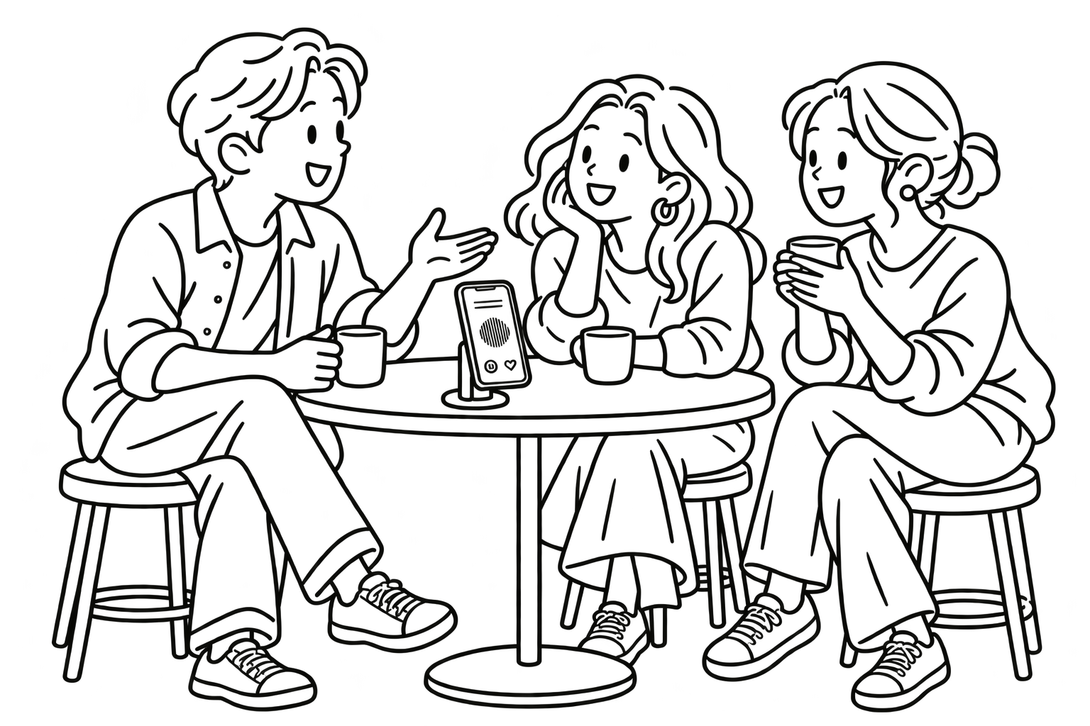 白描卡通:三位成年朋友围坐圆桌分享故事,桌上可见手机支架和 Lapis 录制中的手机。