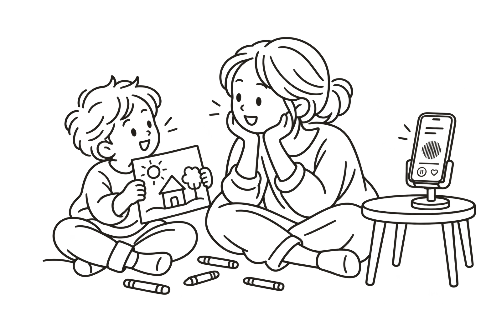 白描卡通:孩子分享画作,家长在同一视线高度倾听,旁边矮桌上的手机支架承托着 Lapis 录制中的手机。